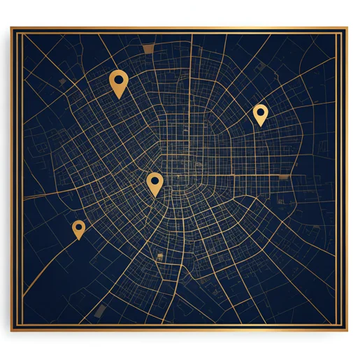 Minimalistische donkere stadskaart met gemarkeerde locaties die het ontmoetingspunt van een lokale bordspelclub vertegenwoordigen, toegankelijk voor bezoekers en leden van de gemeenschap.