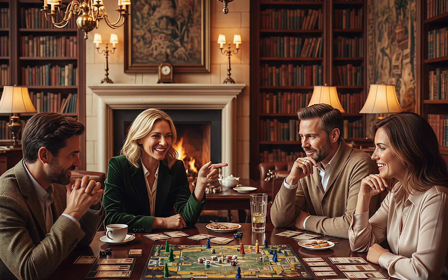 Groep volwassenen die samen een bordspel spelen bij een open haard in een gezellige clubomgeving, wat vriendelijke interactie, discussie en ontspannen sociale gaming illustreert.