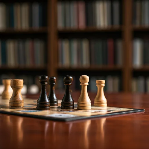 Rij schaakstukken voor een boekenplank achtergrond, die intellectueel spel, tactisch denken en klassieke strategiesessies in een bordspelclub vertegenwoordigt.