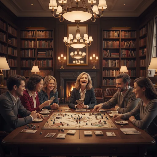 Gemeenschapsleden verzameld rond een grote tafel die een tafelstrategie spel spelen in een gastvrije bordspelclub, ontworpen voor sociale avonden en groepsinteractie.