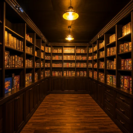 Grote houten planken vol met bordspeldozen in een speciale bibliotheek van de tafelspelclub, die een breed scala aan strategie- en sociale spellen voor leden aanbiedt.