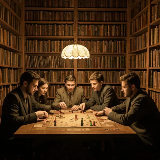 Groep volwassen spelers rond een tafel, gefocust op een strategiespel, wat teamwork, concentratie en sociale interactie tijdens clubactiviteiten aantoont.
