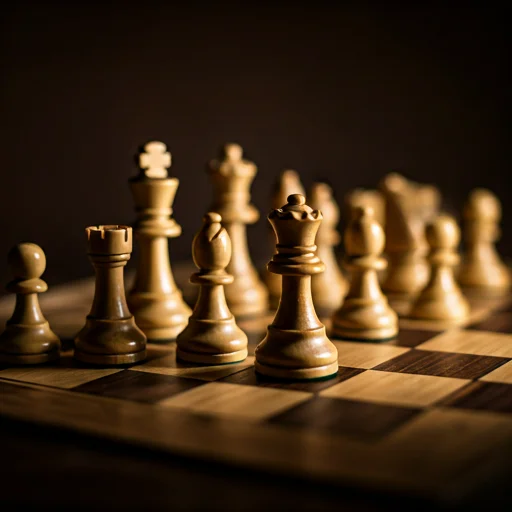 Gedetailleerde close-up van houten schaakstukken onder warme verlichting, die de sfeer van doordacht spel en traditionele strategiebijeenkomsten benadrukt.